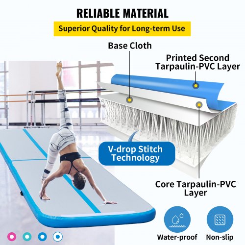 VEVOR 16ft Inflatable Air Gymnastic Mat, 4 inches Thickness Air Tumble Track with Electric Air Pump,Dubrable Material Air Mat for Home Use / Training /Cheerleading / Yoga / Water，Blue