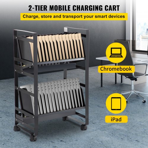 VEVOR Open Charging Cart, 32 Device, Charging Cabinet for Charge and Transport Laptop Computers, Chromebook, iPad, Tablets, Storage Cart with 4 Power Strips, 12 USB Ports, Lockable Casters, Black