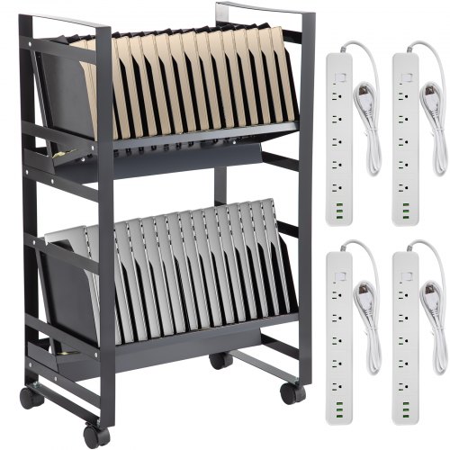 Carro de carga abierto VEVOR, 32 dispositivos, gabinete de carga para cargar y transportar computadoras portátiles, Chromebook, iPad, tabletas, carro de almacenamiento con 4 regletas, 12 puertos USB, ruedas bloqueables, negro