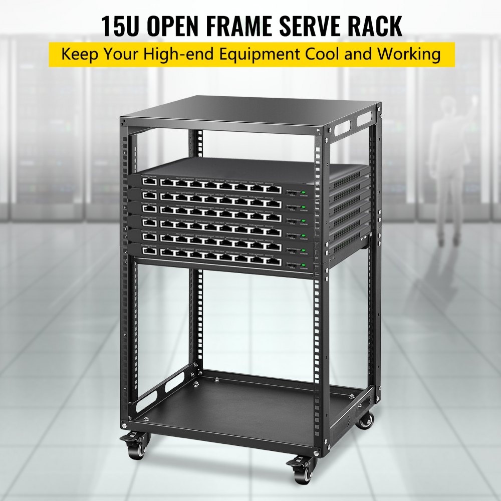 VEVOR Server Rack, 15U Open Frame Rack, 4-Post IT Server Network Relay Rack, 19 Inch Server/Audio Network Equipment Rack Cold Rolled Steel, Heavy Duty Rack w/Casters, Holds Network Servers & AV Gear