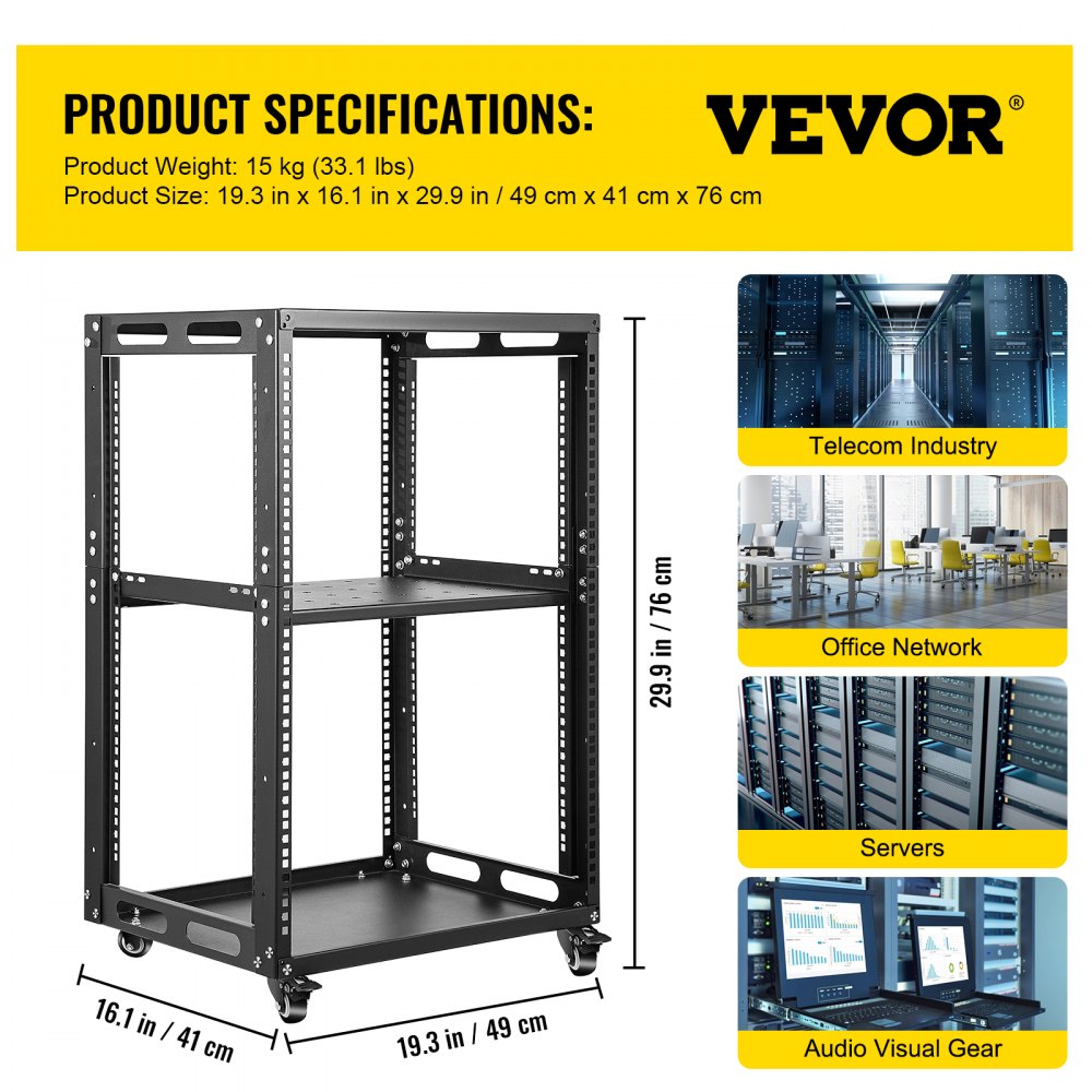 VEVOR Server Rack, 15U Open Frame Rack, 4-Post IT Server Network Relay Rack, 19 Inch Server/Audio Network Equipment Rack Cold Rolled Steel, Heavy Duty Rack w/Casters, Holds Network Servers & AV Gear