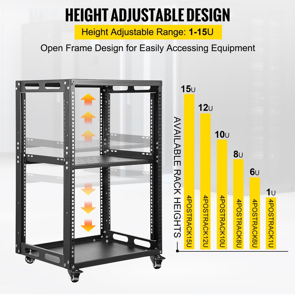 VEVOR Server Rack, 15U 19'' Open Frame Rack, 4-Post IT Server Network Relay Rack, Server/Audio Network Equipment Rack Cold Rolled Steel, Heavy Duty Rack w/Casters