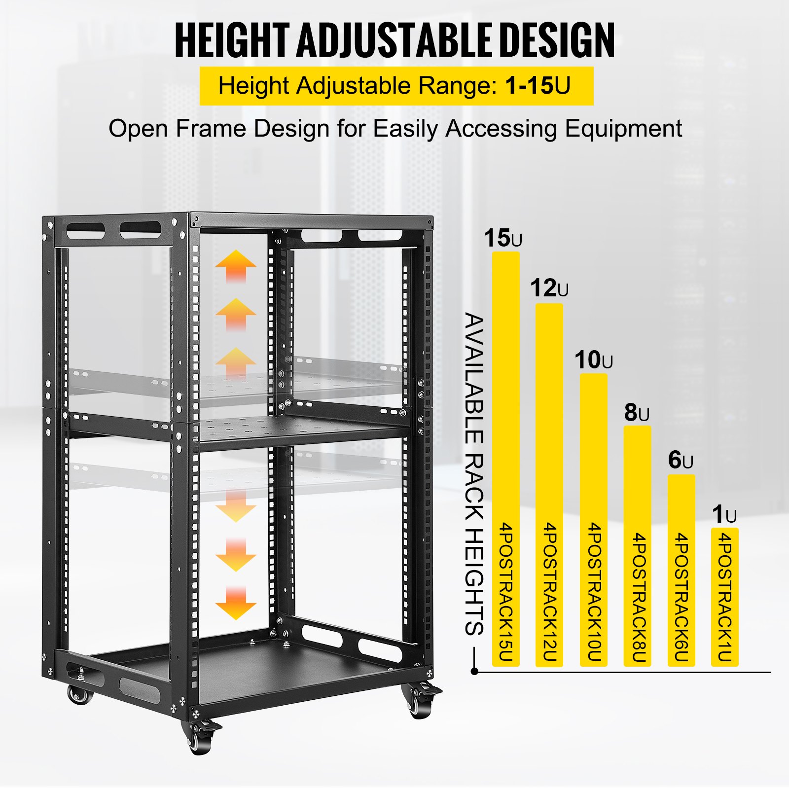 VEVOR Server Rack, 15U Open Frame Rack, 4-Post IT Server Network Relay Rack, 19 Inch Server/Audio Network Equipment Rack Cold Rolled Steel, Heavy Duty Rack w/Casters, Holds Network Servers & AV Gear