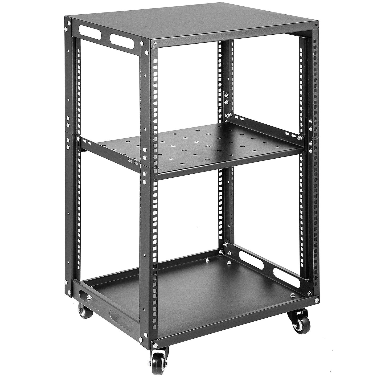 VEVOR Server Rack, 15U 19'' Open Frame Rack, 4-Post IT Server Network Relay Rack, Server/Audio Network Equipment Rack Cold Rolled Steel, Heavy Duty Rack w/Casters