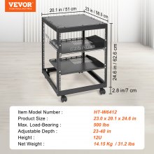 VEVOR 12U Open Frame Server Rack, 15''-40'' Adjustable Depth, Free Standing or Wall Mount Network Server Rack, 4 Post AV Rack with Casters, Holds All Your Networking IT Equipment AV Gear Router Modem