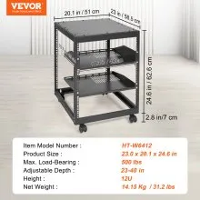 VEVOR 12U Rack de servidor de marco abierto, profundidad ajustable de 15'' a 40'', rack de servidor de red independiente o de montaje en pared, rack AV de 4 postes con ruedas, admite todos sus equipos de TI de red, equipo AV, enrutador, módem