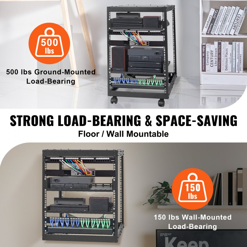 VEVOR 15U Open Frame Server Rack, 15''-40'' Adjustable Depth, Free Standing or Wall Mount Network Server Rack, 4 Post AV Rack with Casters, Holds All Your Networking IT Equipment AV Gear Router Modem