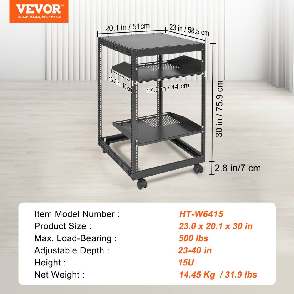 VEVOR 15U Open Frame Server Rack, 15''-40'' Adjustable Depth, Free Standing or Wall Mount Network Server Rack, 4 Post AV Rack with Casters, Holds All Your Networking IT Equipment AV Gear Router Modem