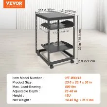 VEVOR 15U Rack de servidor de marco abierto, profundidad ajustable de 23'' a 40'', rack de servidor de red independiente o de montaje en pared, rack AV de 4 postes con ruedas, admite todos sus equipos de TI de red, equipo AV, enrutador, módem