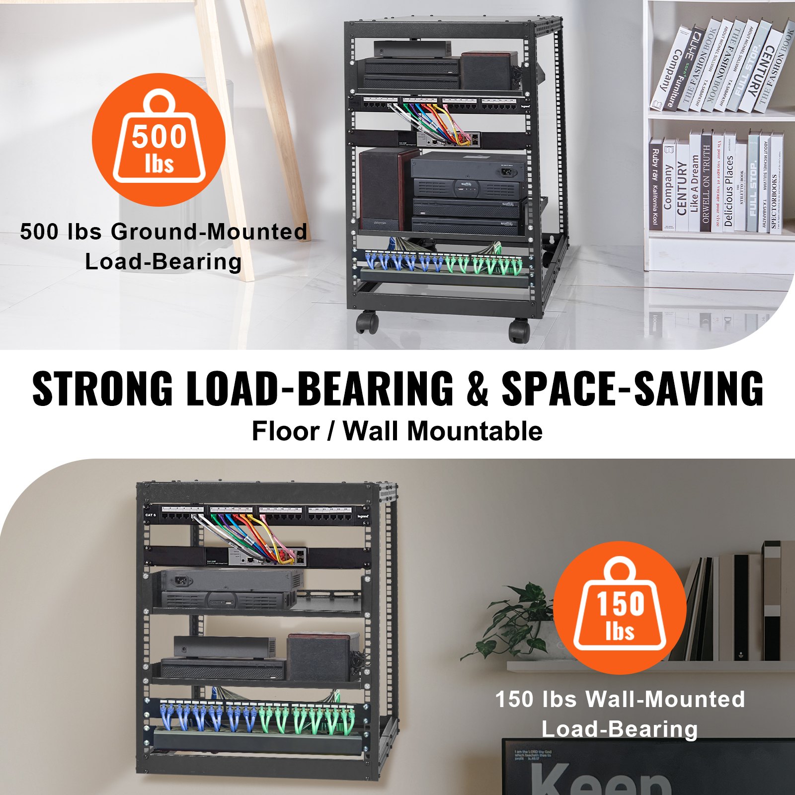 VEVOR 15U Open Frame Server Rack, 15''-40'' Adjustable Depth, Free Standing or Wall Mount Network Server Rack, 4 Post AV Rack with Casters, Holds All Your Networking IT Equipment AV Gear Router Modem