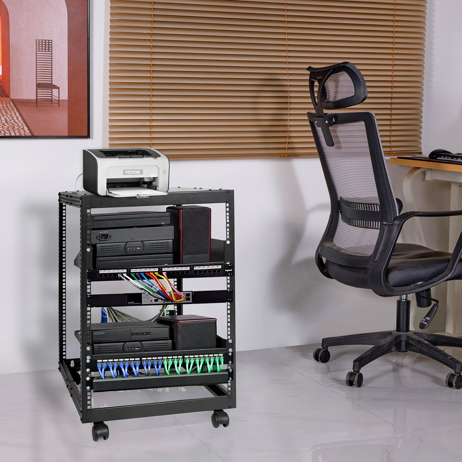 VEVOR 15U Open Frame Server Rack, 15''-40'' Adjustable Depth, Free Standing or Wall Mount Network Server Rack, 4 Post AV Rack with Casters, Holds All Your Networking IT Equipment AV Gear Router Modem