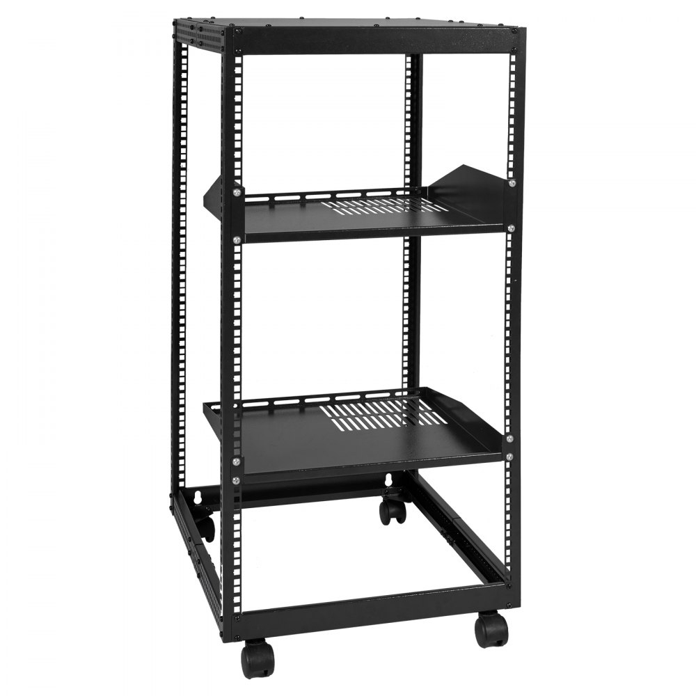 VEVOR server rack with three ventilated shelves, black frame, and caster wheels for mobility.