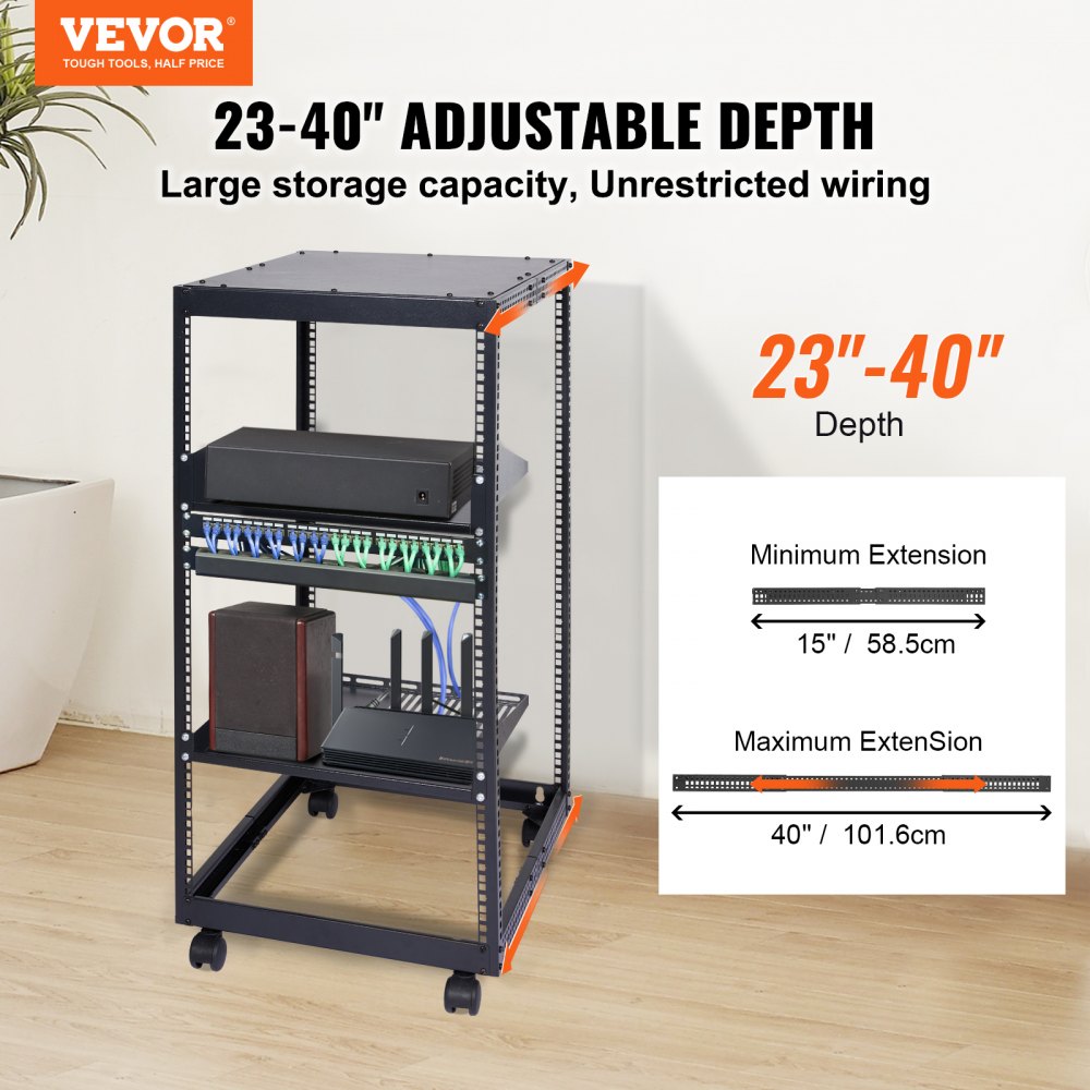 VEVOR server rack with 23&quot;-40&quot; adjustable depth, large storage capacity, and unrestricted wiring.