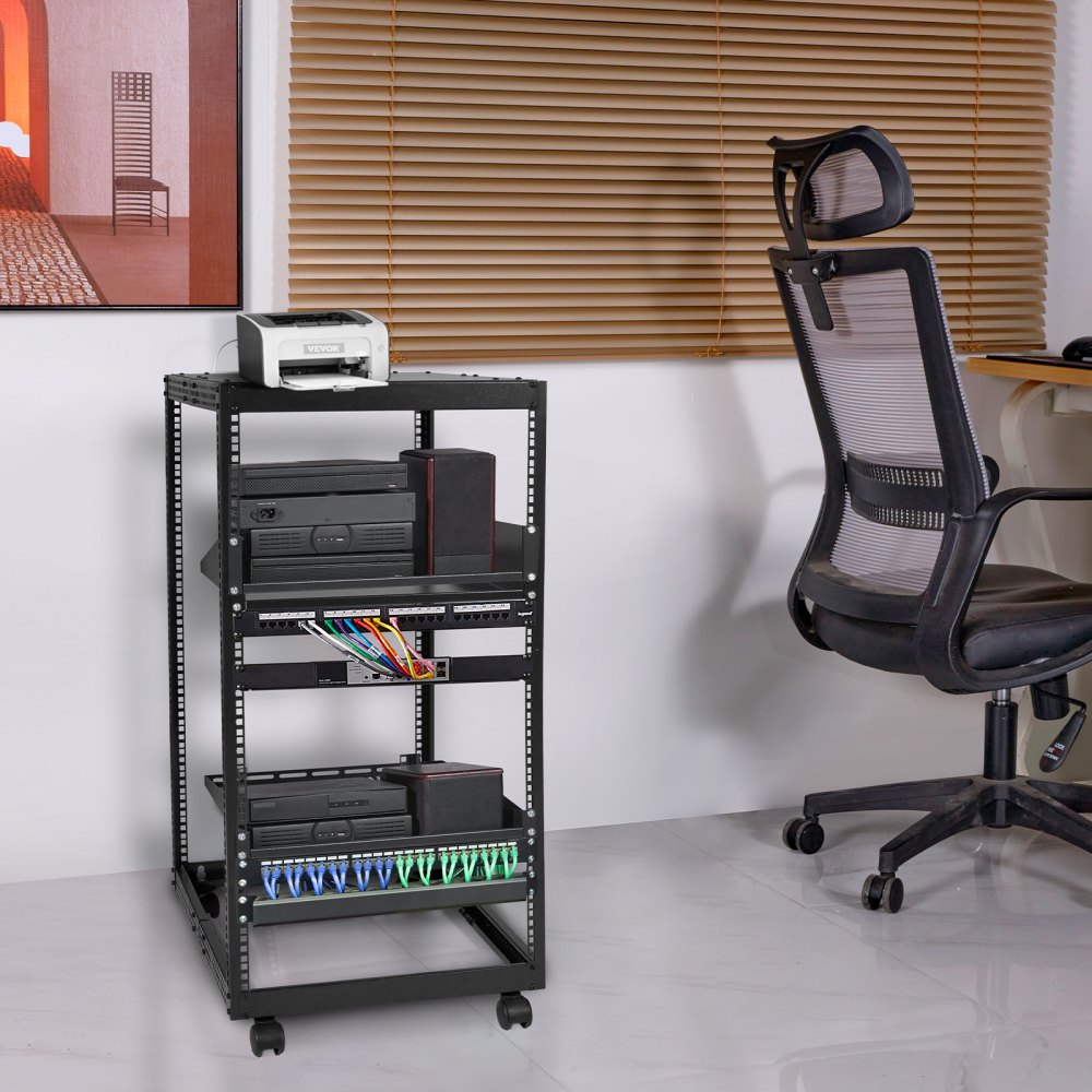 VEVOR server rack in a modern office setup with networking equipment and an ergonomic office chair.