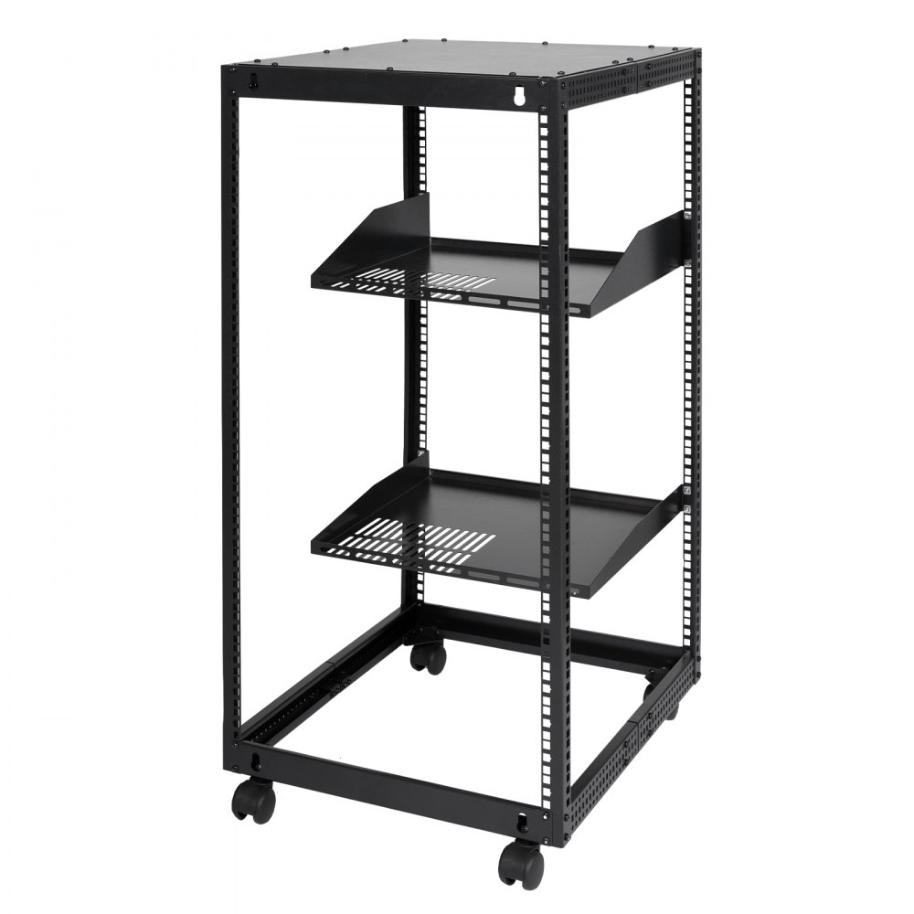 VEVOR server rack with adjustable shelves on wheels. black metal frame with ventilated panels.