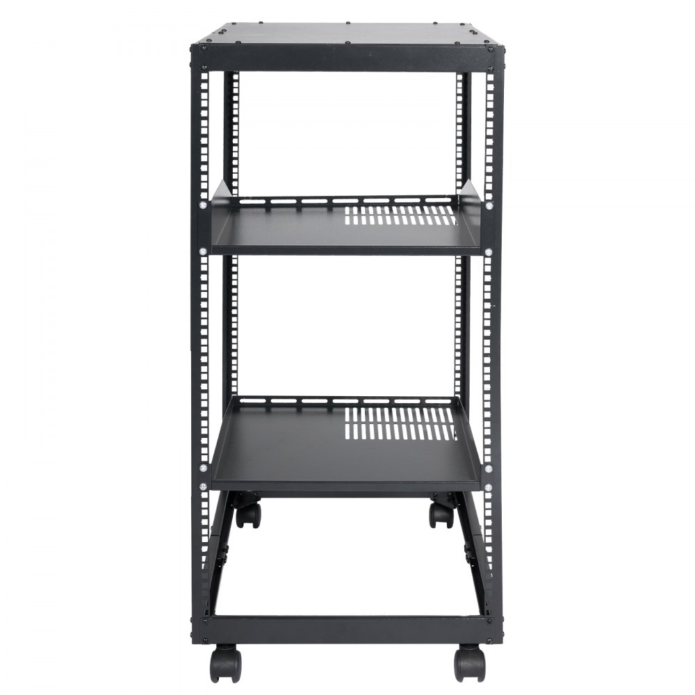 black VEVOR server rack with wheels, adjustable shelves, and open frame design for efficient airflow.