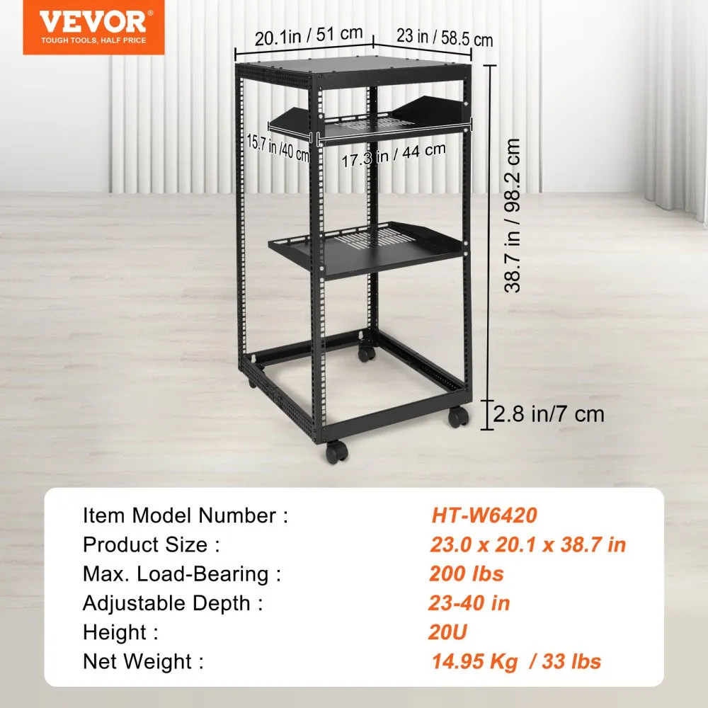 VEVOR server rack 20u, dimensions 23 x 20.1 x 38.7 in, adjustable depth 23-40 in, max load 500 lbs.