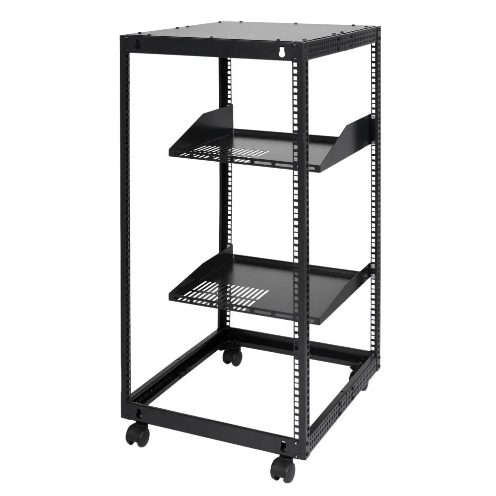 VEVOR server rack with adjustable shelves on wheels. black metal frame with ventilated panels.