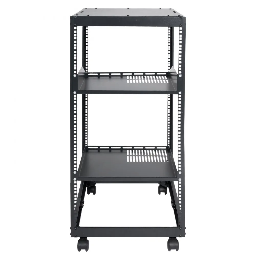 black VEVOR server rack with wheels, adjustable shelves, and open frame design for efficient airflow.