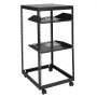 VEVOR server rack with three adjustable shelves and caster wheels in a black metal frame.