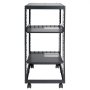 black VEVOR server rack with wheels, adjustable shelves, and open frame design for efficient airflow.