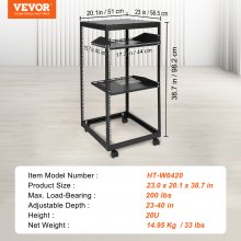 VEVOR 20U Open Frame Server Rack, 15''-40'' Adjustable Depth, Free Standing or Wall Mount Network Server Rack, 4 Post AV Rack with Casters, Holds All Your Networking IT Equipment AV Gear Router Modem