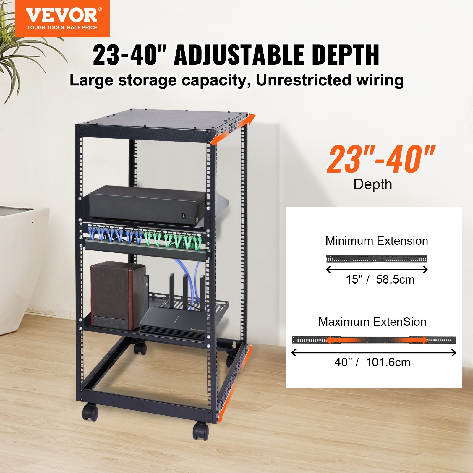VEVOR server rack with 23&quot;-40&quot; adjustable depth, large storage capacity, and unrestricted wiring.