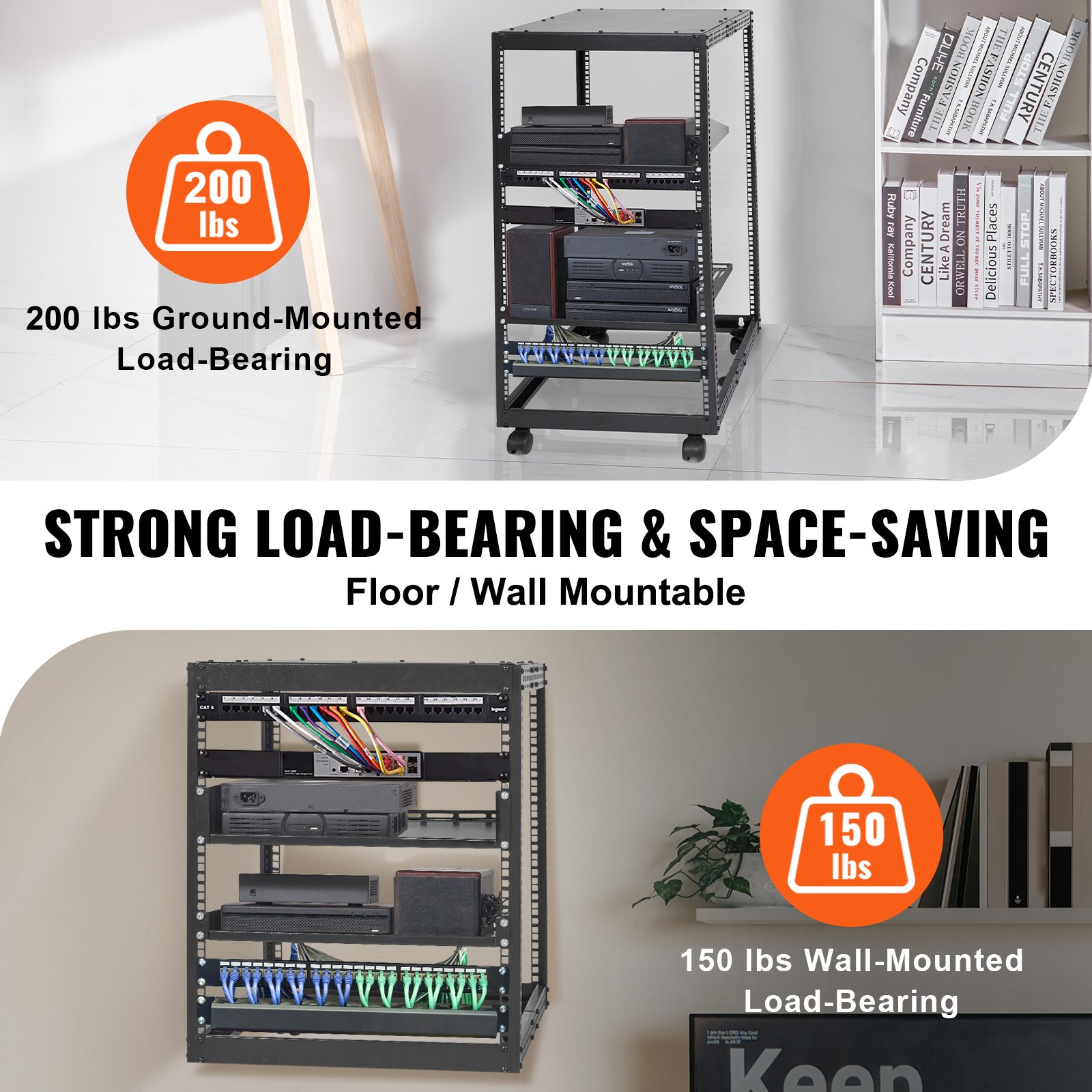 VEVOR server rack, strong load-bearing, 500 lbs ground-mounted, 150 lbs wall-mounted, space-saving.
