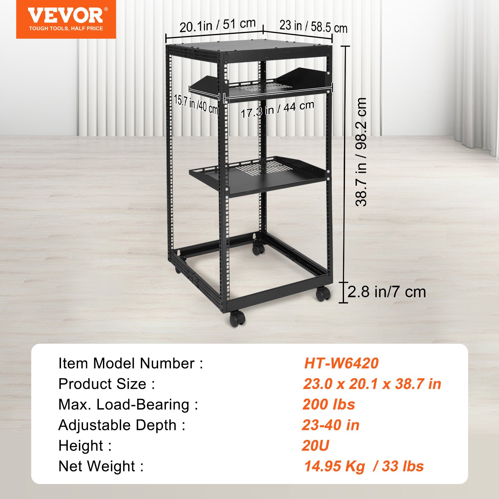 VEVOR server rack 20u, dimensions 23 x 20.1 x 38.7 in, adjustable depth 23-40 in, max load 500 lbs.