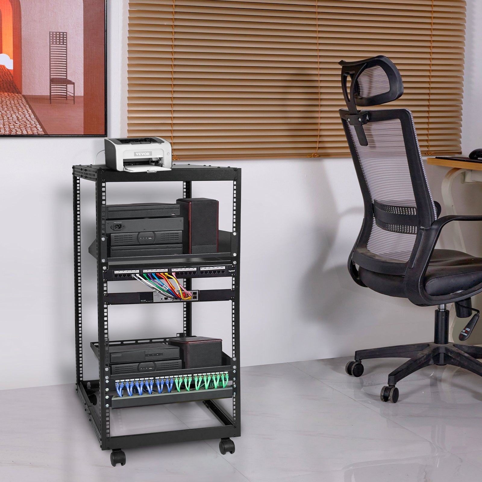 VEVOR server rack in a modern office setup with networking equipment and an ergonomic office chair.