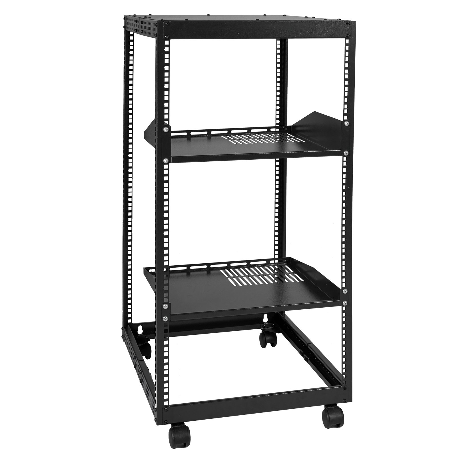 mobile VEVOR server rack with black metal frame, vented shelves, and locking caster wheels.