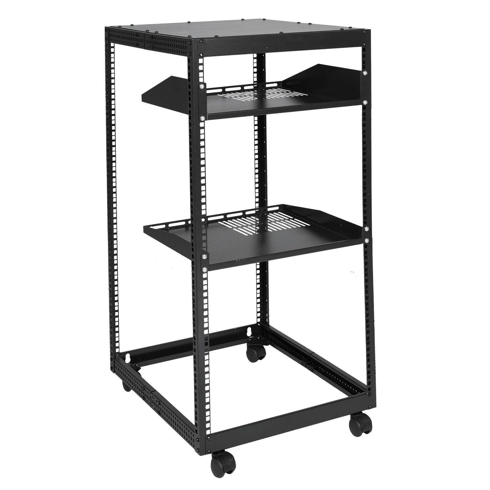 VEVOR server rack with three adjustable shelves and caster wheels in a black metal frame.