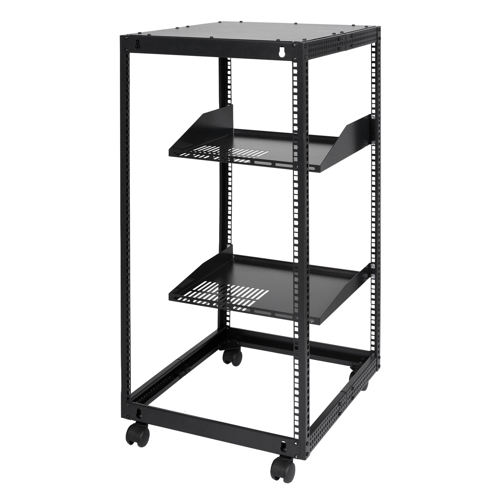 VEVOR server rack with adjustable shelves on wheels. black metal frame with ventilated panels.