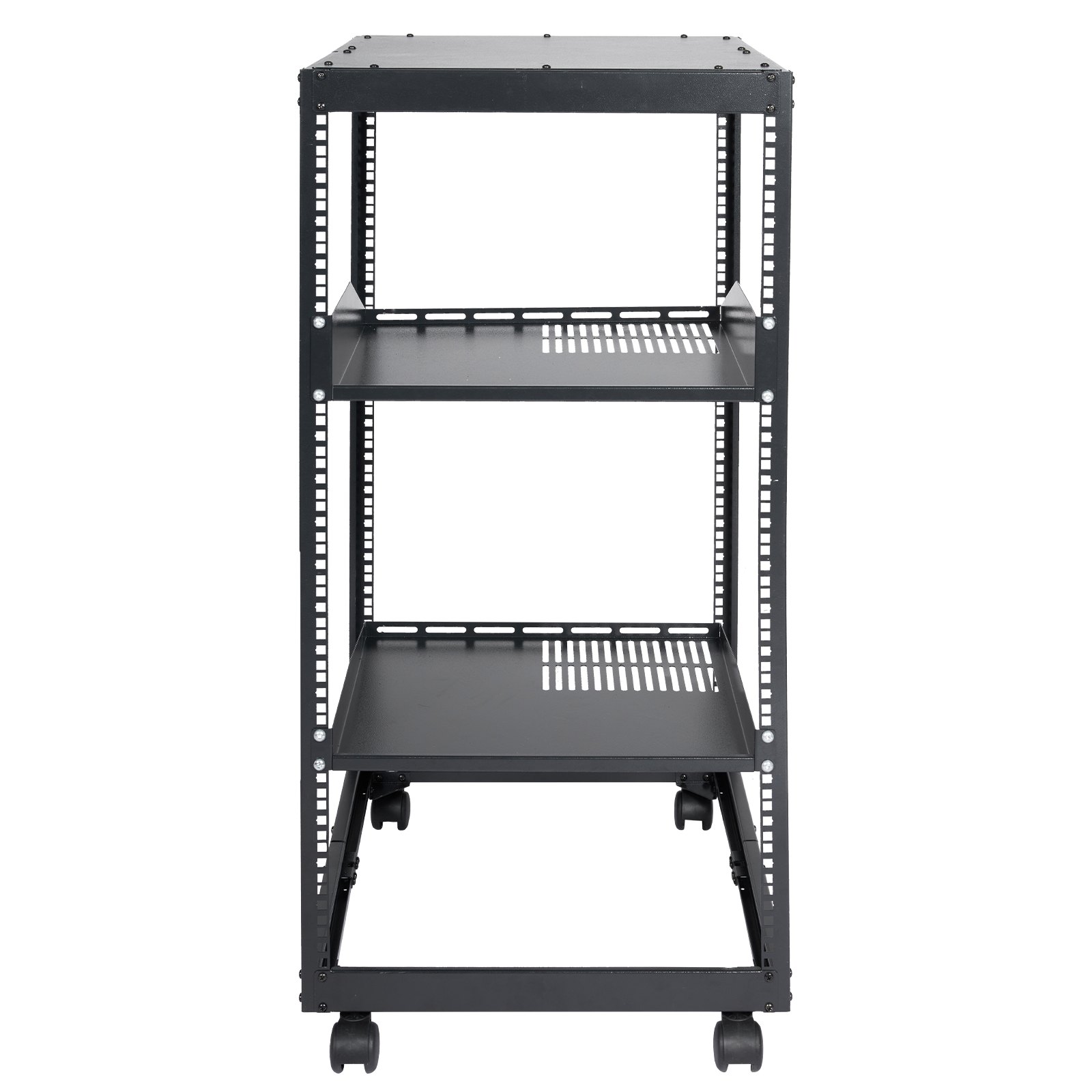 black VEVOR server rack with wheels, adjustable shelves, and open frame design for efficient airflow.