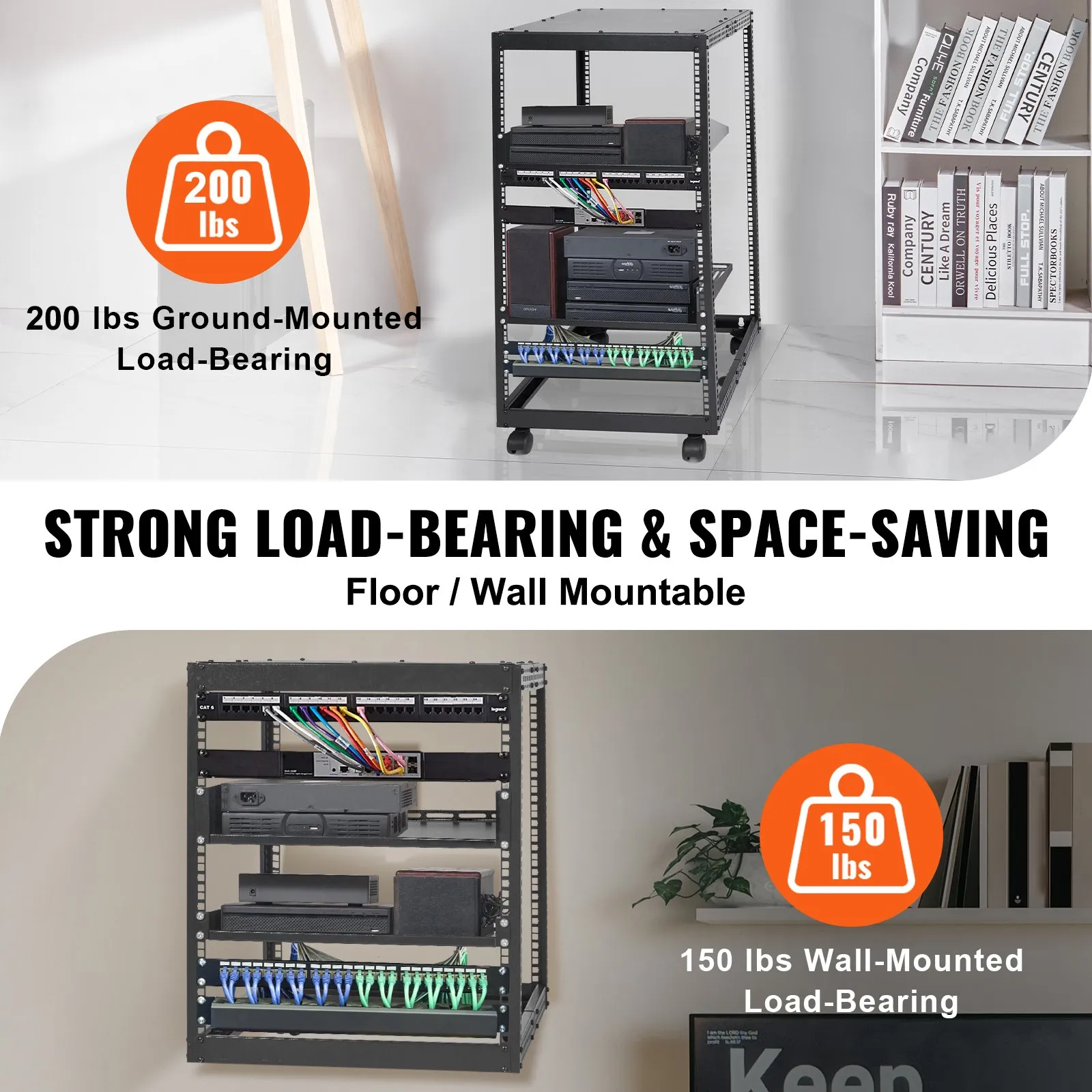 VEVOR server rack, strong load-bearing, 500 lbs ground-mounted, 150 lbs wall-mounted, space-saving.