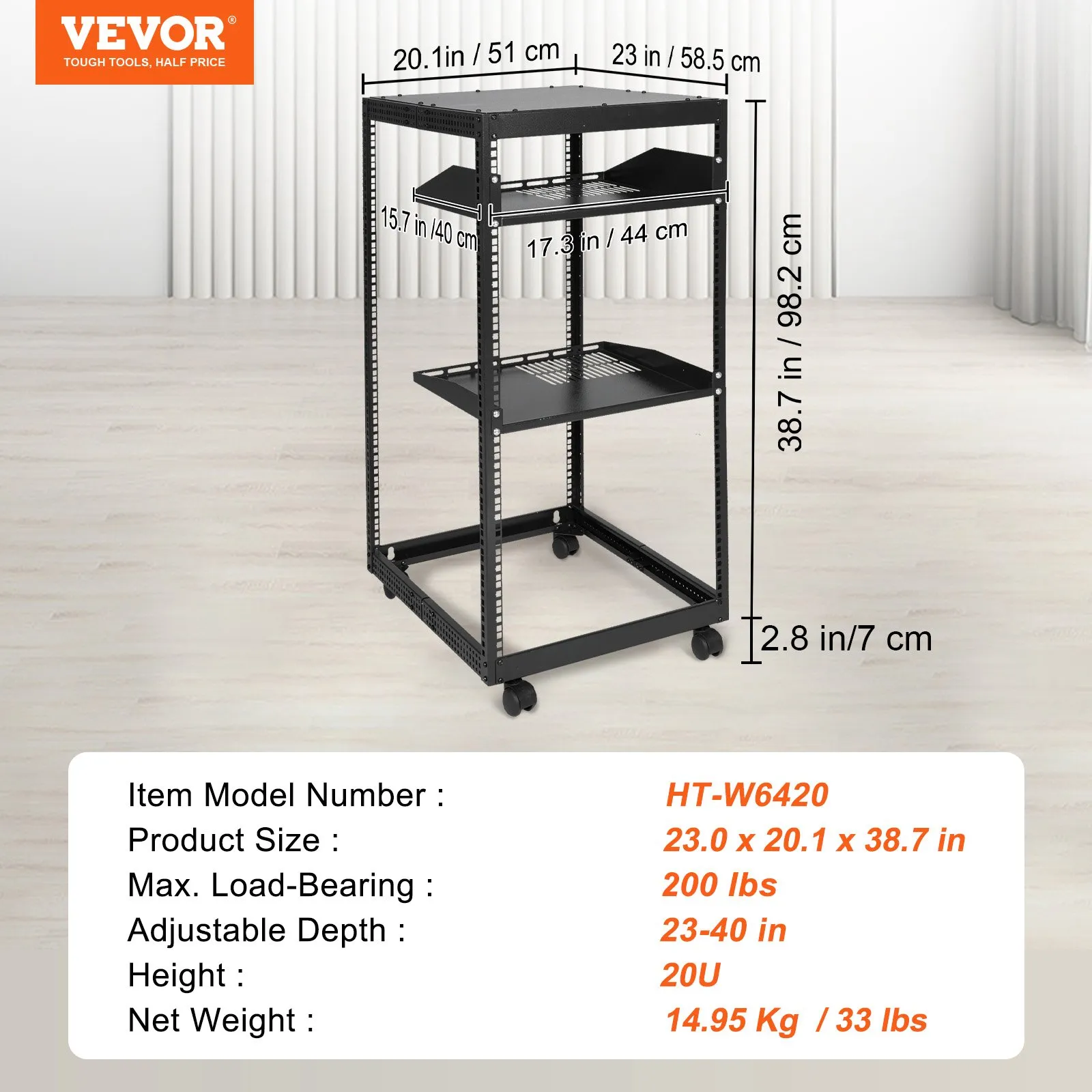 VEVOR server rack 20u, dimensions 23 x 20.1 x 38.7 in, adjustable depth 23-40 in, max load 500 lbs.