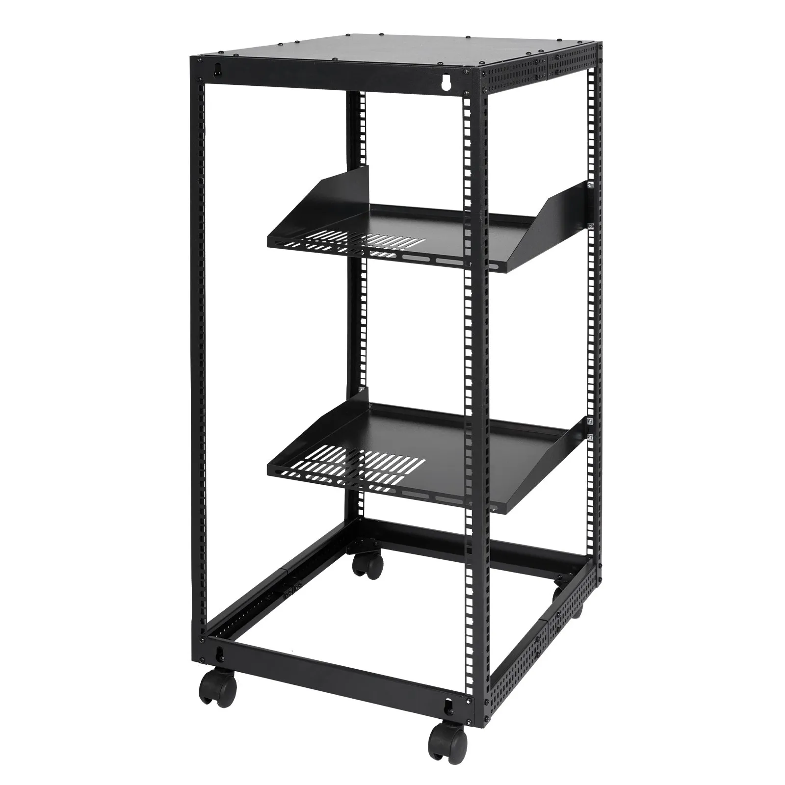 VEVOR server rack with adjustable shelves on wheels. black metal frame with ventilated panels.