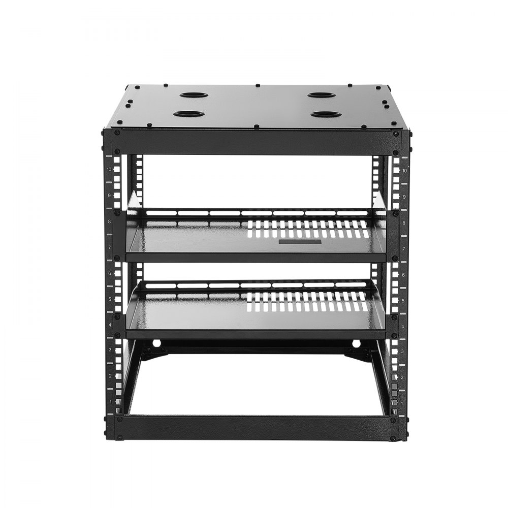 Rack δικτύου VEVOR 10U ανοιχτού πλαισίου, βάθους 585 mm, επιτοίχιο ή επιδαπέδιο, βαρέως τύπου 4 θέσεων, με αεριζόμενα ράφια και υλικό στήριξης, χωράει όλο τον εξοπλισμό δικτύωσης IT και τον εξοπλισμό AV.