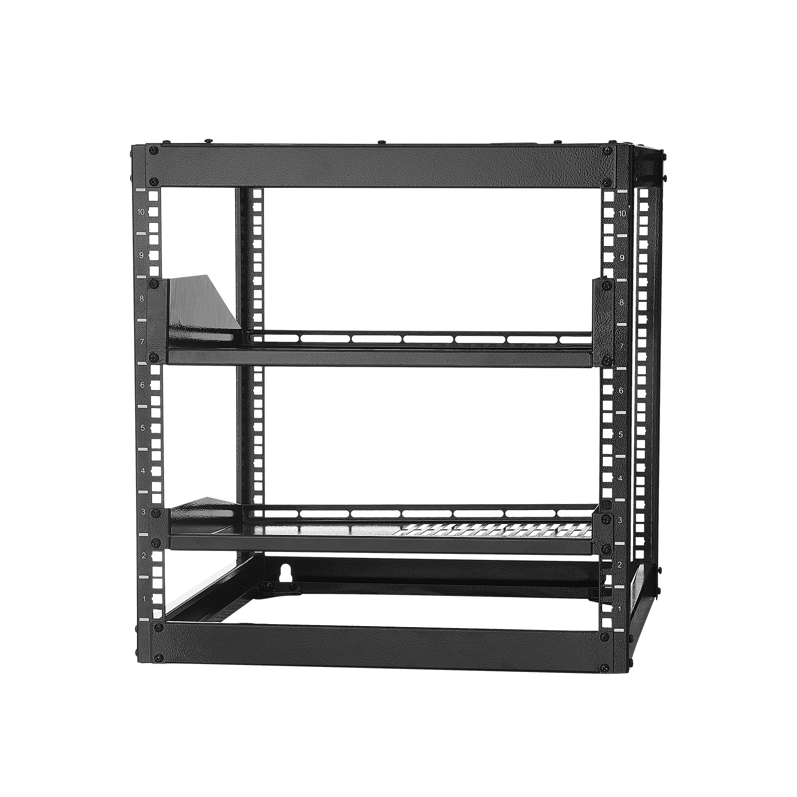 Rack δικτύου VEVOR 10U ανοιχτού πλαισίου, βάθους 585 mm, επιτοίχιο ή επιδαπέδιο, βαρέως τύπου 4 θέσεων, με αεριζόμενα ράφια και υλικό στήριξης, χωράει όλο τον εξοπλισμό δικτύωσης IT και τον εξοπλισμό AV.