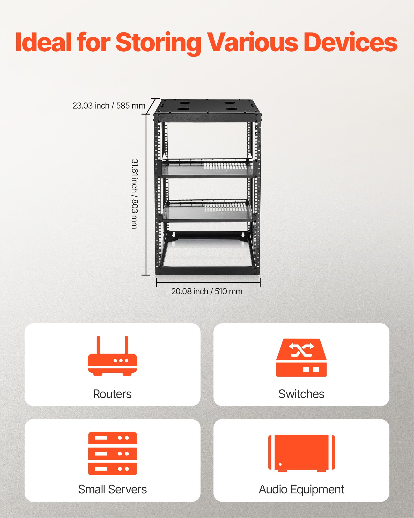 VEVOR 16U Open Frame Network Rack, 585 mm Depth, Wall Mounted or Floor Standing Server Rack, Heavy Duty 4 Post, with Vented Shelves & Mounting Hardware, Holds All Your Networking IT Equipment AV Gear