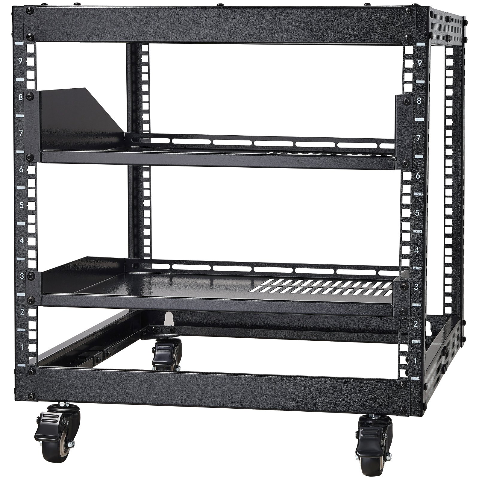 VEVOR 9U Open Frame Server Rack, 584.2 to 1016 mm Adjustable Depth, Free Standing or Wall Mount Network Server Rack with 360° Casters, Heavy Duty 4 Post Holds All Your Networking IT Equipment AV Gear