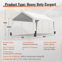 VEVOR Carport, Heavy Duty 10x20ft Car Canopy, Outdoor Garage Shelter with 8 Reinforced Poles and 4 Weighted Bags, UV Resistant Waterproof Portable Instant Car Garage Tent for Party Garden Boat, White