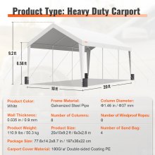 VEVOR Carport, 10x20 fot Heavy Duty Car Canopy Garasje Boat Shelter Partytelt med 8 forsterkede stenger og 4 vektposer, UV-bestandig vanntett presenning for SUV, F150, bil, lastebil, båt