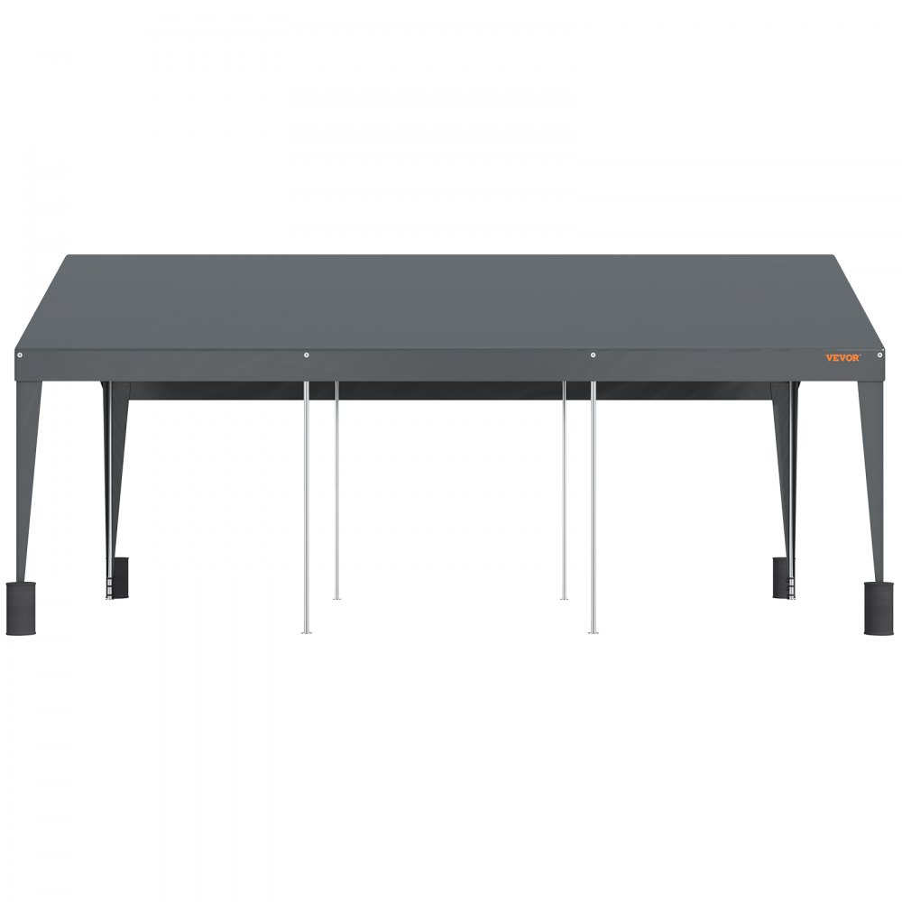 VEVOR carport with a dark canopy supported by sturdy metallic poles and triangular base reinforcements.