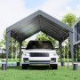 VEVOR carport sheltering a white suv in a grassy backyard beside a modern house with trees in the background.