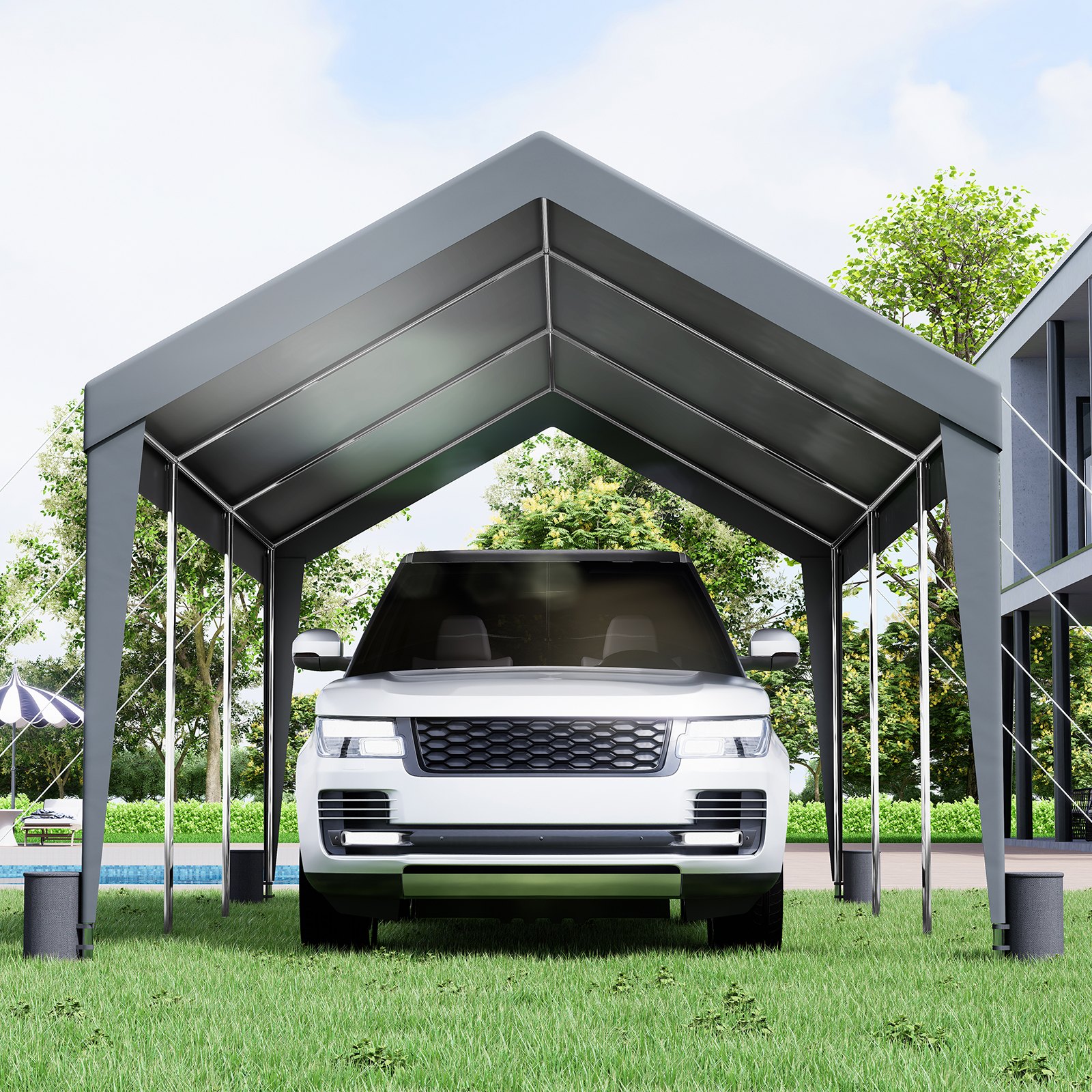 VEVOR carport sheltering a white suv in a grassy backyard beside a modern house with trees in the background.