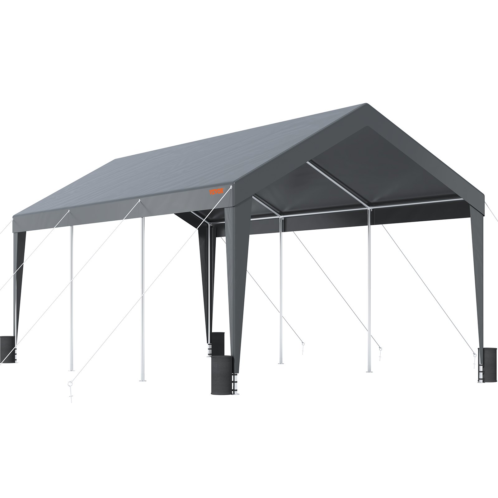 VEVOR carport with gray canopy, supported by metal legs and ground anchors for stability.