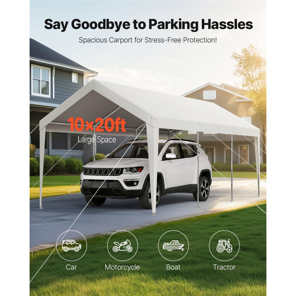 VEVOR Carport, 10 x 20 FT Outdoor Car Canopy, Potable Carport, Heavy Duty Galvanized Car Shelter, UV-Resistant & Water-Resistant, All-Season Protection, Storage Shed for Boat Motorcycle White