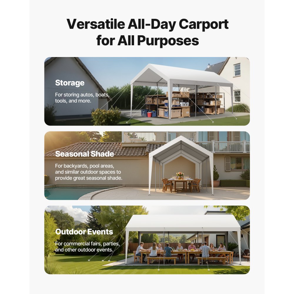 VEVOR Carport, 10 x 20 FT Outdoor Car Canopy, Potable Carport, Heavy Duty Galvanized Car Shelter, UV-Resistant & Water-Resistant, All-Season Protection, Storage Shed for Boat Motorcycle White