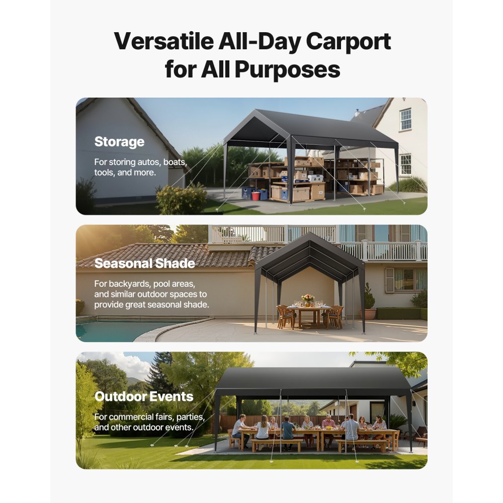 VEVOR Carport, 10 x 20 FT Outdoor Car Canopy, Potable Carport, Heavy Duty Galvanized Car Shelter, UV-Resistant & Water-Resistant, All-Season Protection, Storage Shed for Car Boat Motorcycle Grey